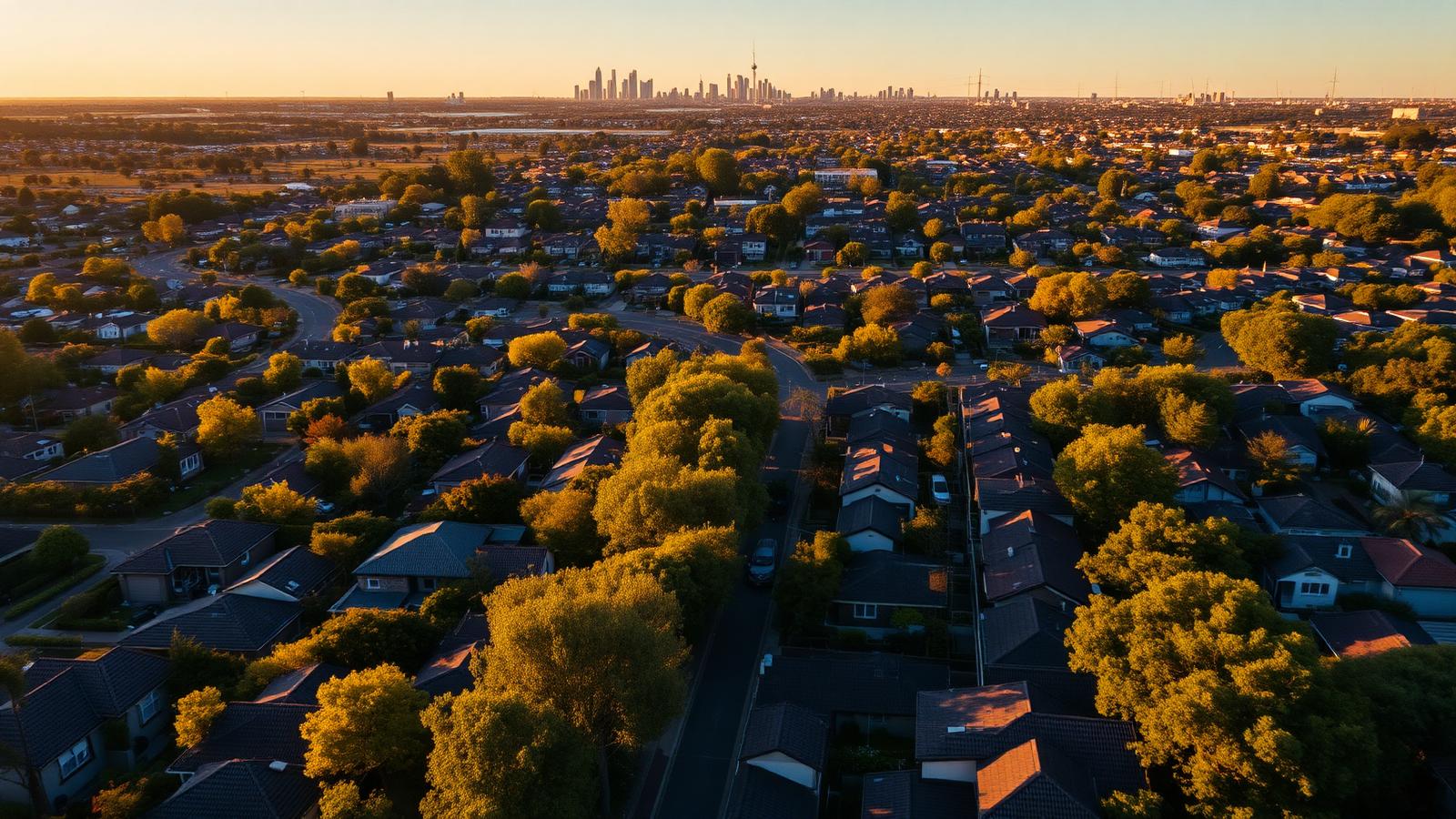 Aerial view of an Australian suburb at golden hour